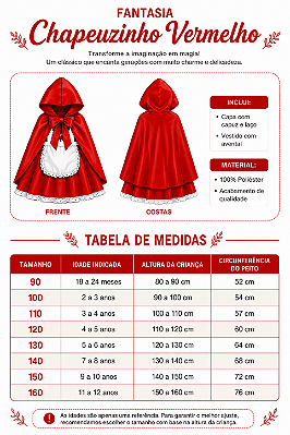 Fantasia Infantil Chapeuzinho Vermelho Vestido Capa e Bolsa