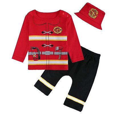 Fantasia Bebê Bombeiro 3 Peças Camisa Calça e Gorro