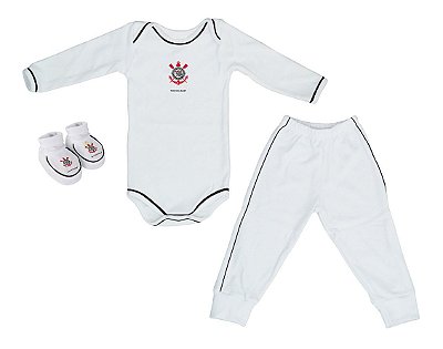 Kit Bebê Corinthians 3 Peças Longo Branco - Torcida Baby