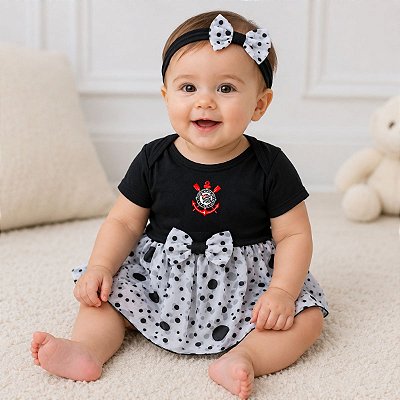 Body Vestido Corinthians Bolinhas Com e Tiara Oficial