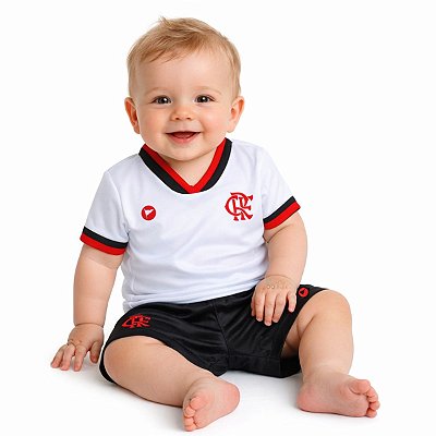 Conjunto Bebê Flamengo Uniforme Branco e Preto Torcida Baby