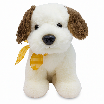 Cachorro de Pelúcia Branco e Marrom Com Laço Sentado 24cm