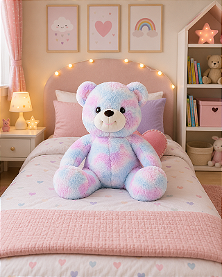 Urso Pelúcia Colorido Azul e Lilás Sentado 20cm