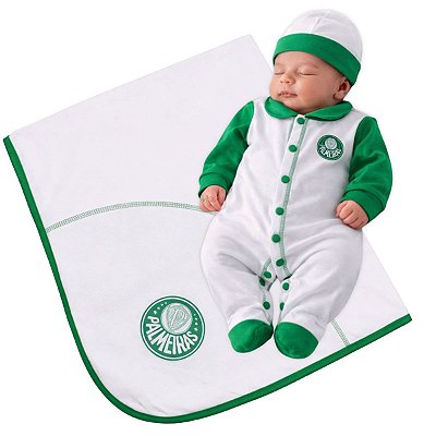 Kit Bebê Palmeiras Macacão Manta e Gorro Malha Oficial