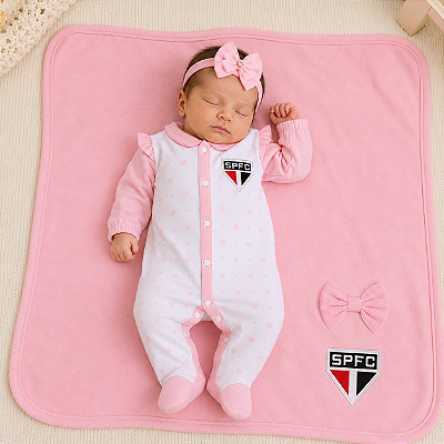 Kit Maternidade São Paulo Rosa Corações Com Manta Oficial