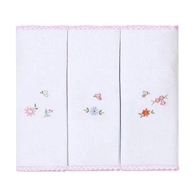 Kit Paninhos Bebê Babete Bordados Flor Papi 40x40Cm 03 Un