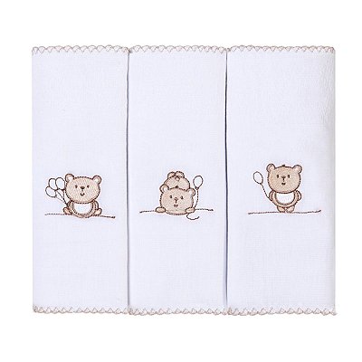 Kit Paninhos Bebê Babete Bordado Urso Ted Papi 40x40Cm 03 Un