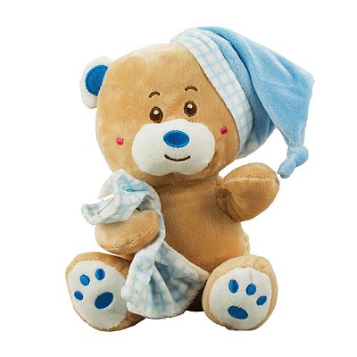 Urso de Pelúcia Sentado Com Chapeu e Naninha Azul 20cm