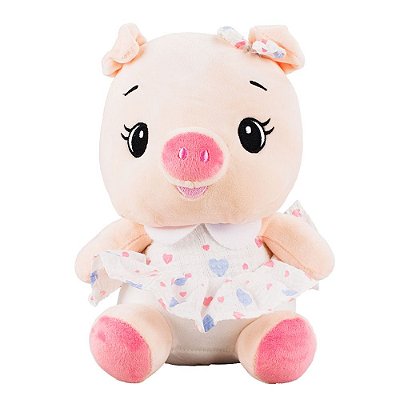 Porquinha de Pelúcia Sentada Saia Coração Azul 25cm