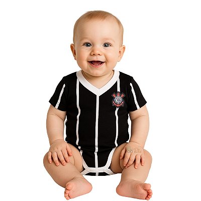 Body Bebê Corinthians Listrado Preto Oficial