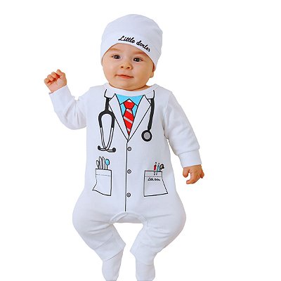 Fantasia Bebê Médico Macacão Com Gorro Branco