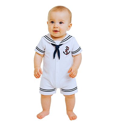 Macacão Bebê Marinheiro Branco Manga Curta 100% Algodão