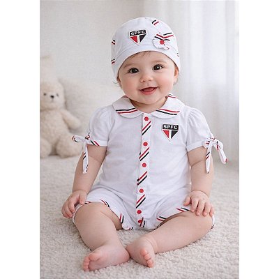 Macacão Bebê São Paulo Manga Curta Com Gorro Oficial