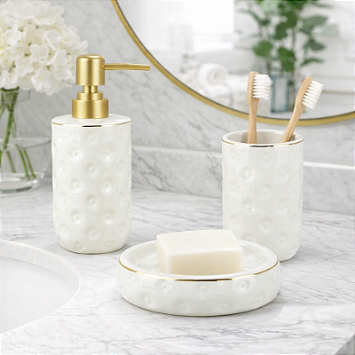 Jogo De Banheiro Em Porcelana Branco e Dourado 3 Peças