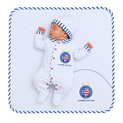 Kit Bebê Saída de Maternidade Bahia Macacão Gorro e Manta