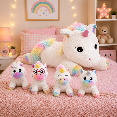 Pelúcia Unicórnio Kit Mãe Com 4 Filhotes 34cm