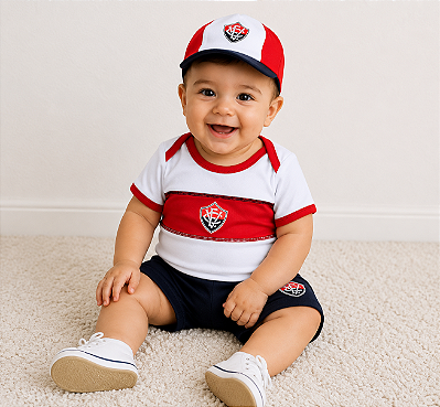 Conjunto Curto Vitória Kit Bebê Body Shorts e Boné Oficial