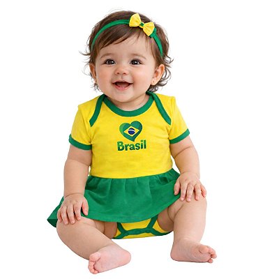 Body Vestido Bebê do Brasil Amarelo Manga Curta Torcida Baby
