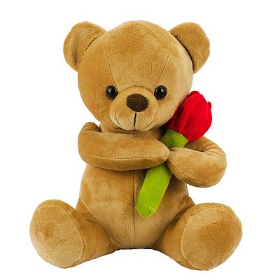 Urso de Pelúcia Marrom Sentado Segurando Rosa 22cm
