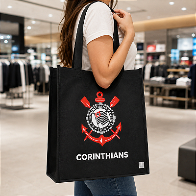 Sacola de Feira Reutilizável Corinthians Preta 39x35cm