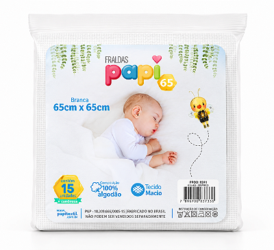 Fralda Bebê Papi Branca 65Cm x 65Cm Com 15 Un