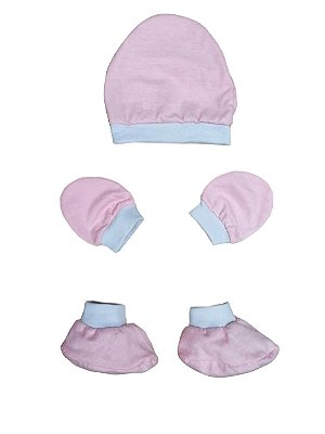 Kit Bebê 3 Pçs Malha Rosa Com Touca Luva e Sapatinho