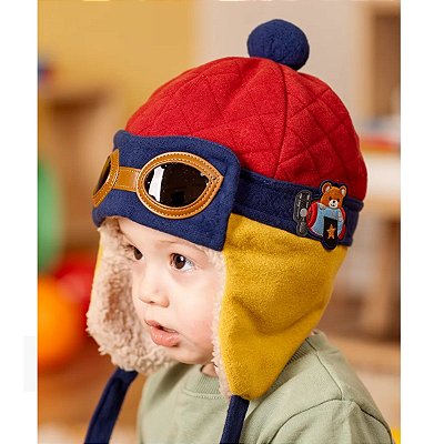 Touca Gorro Bebê Piloto Aviador Cobre Orelhas Azul