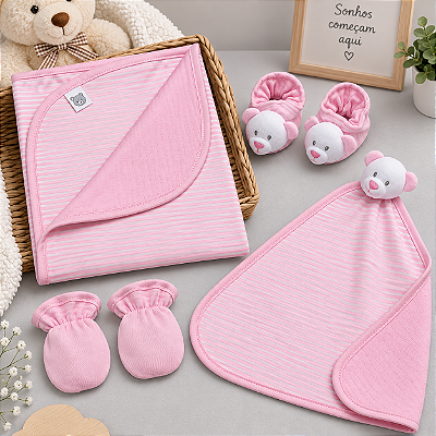 Kit Presente Bebê Com 4 Pçs Dupla Face Listrado Rosa Zip