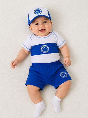 Kit Bebê Cruzeiro 3 Pçs Com Body Shorts e Boné Oficial