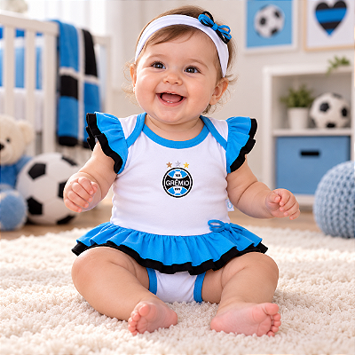 Body Saia Bebê Grêmio Com Tiara 100% Algodão Oficial