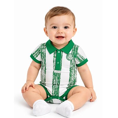 Body Bebê Palmeiras Manga Curta Listras Verdes Oficial