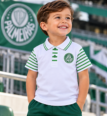 Camisa Polo Palmeiras Infantil Branca e Verde Oficial