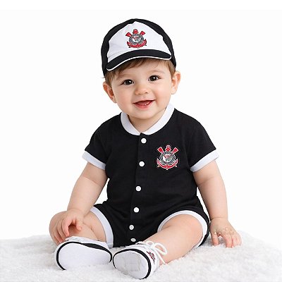 Kit Bebê Corinthians 3 Pçs Macacão Boné e Sapatinho Oficial