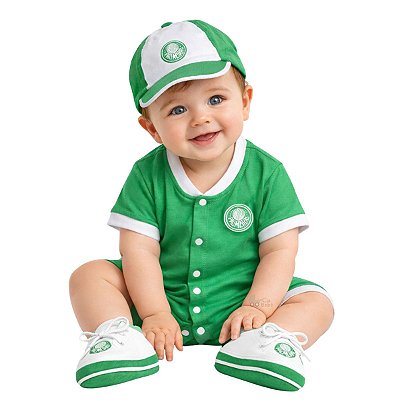 Kit Bebê Palmeiras 3 Peças Macacão Boné e Sapatinho Oficial