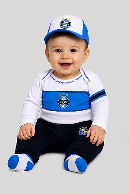 Conjunto Bebê Grêmio Longo Kit Com Body Calça e Boné Oficial