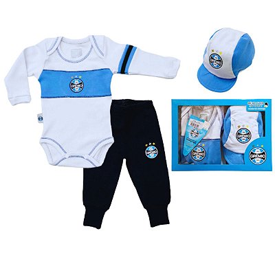 Conjunto Bebê Grêmio Longo Kit Com Body Calça e Boné Oficial