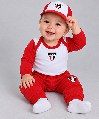 Kit Bebê São Paulo Conjunto Com Body Calça e Boné Oficial