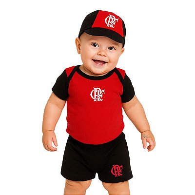 Kit Bebê Flamengo Com Body Shorts Boné Oficial 3 Pçs