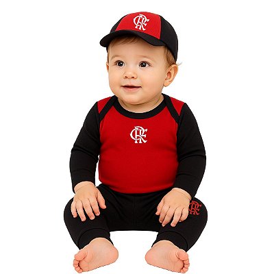 Conjunto Bebê Flamengo Body Calça e Boné Rubro Negro Oficial