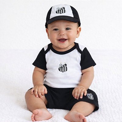 Kit Conjunto Bebê Santos Com Body Shorts e Boné Oficial