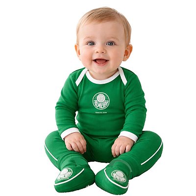 Kit Bebê Palmeiras 3 Peças Longo Body Calça e Pantufa Oficial