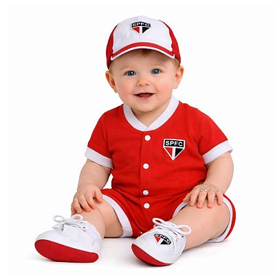 Uniforme Bebê São Paulo Macacão Boné e Sapatinho Oficial
