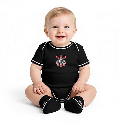 Body e Pantufa Corinthians Preto Torcida Baby