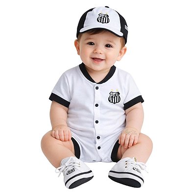 Uniforme Bebê Santos 3 Pçs Macacão Boné e Sapatinho Oficial