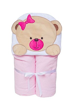 Toalha De Banho Sem Forro Urso Rosa Com Capuz Papi