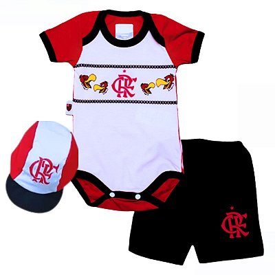Conjunto Bebê Flamengo Body Shorts e Boné Oficial
