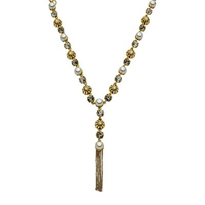 Colar Gravata Perla Ouro Com Pérolas E Cristais