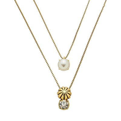 Colar Duplo Perla Ouro Com Pérola, Cristal E Ajuste Deslizante