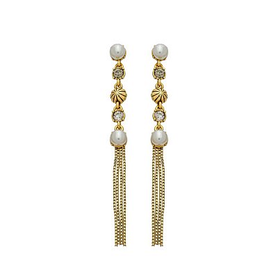 Brinco Longo Perla Ouro Com Pérolas, Cristais E Franjas
