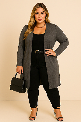Cardigan Alongado Cinza Mescla Plus Size